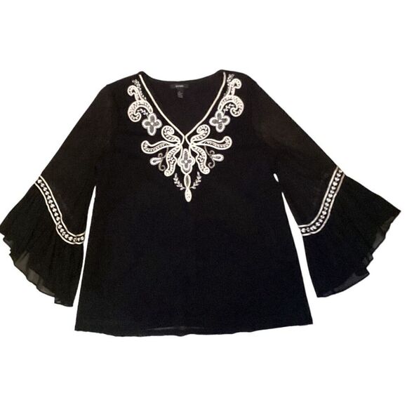 Alfani Embellished Bell Sleeve Black Blouse Embroidered Sequined Top Size M - Picture 1 of 9